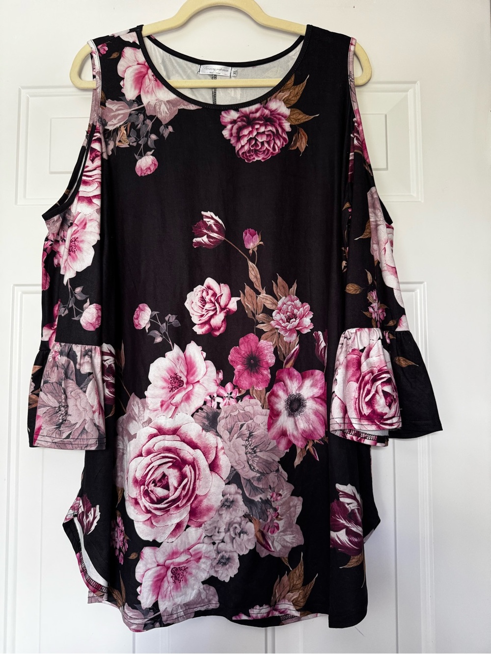 Black Pink Floral Cold-Shoulder Tunic Blouse Bell Sleeves- XL